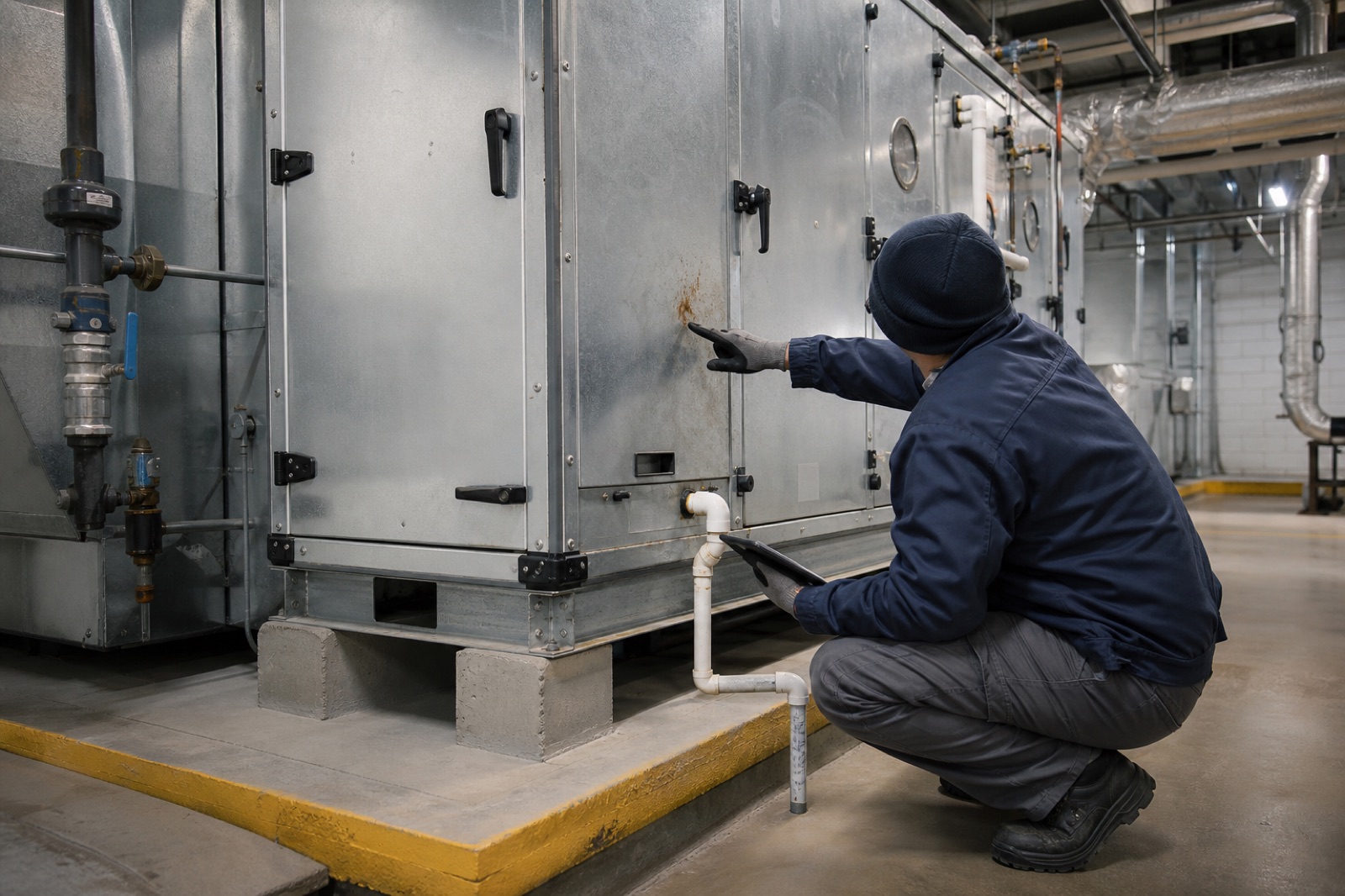 Maintenance inspector documenting corrosion on a commercial air-handling unit